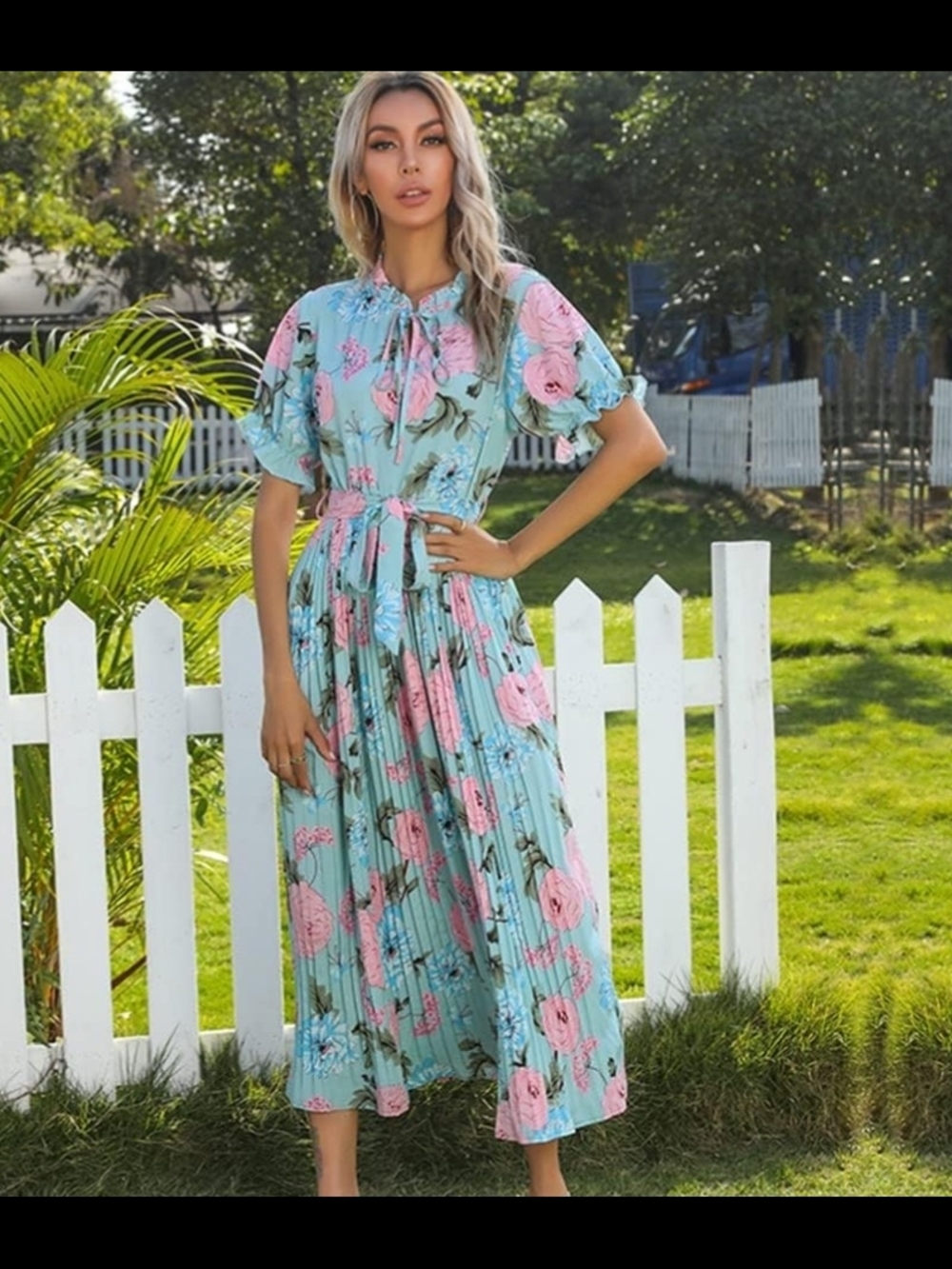 Floral Tie-Waist Midi Dress in Light Blue and Pink